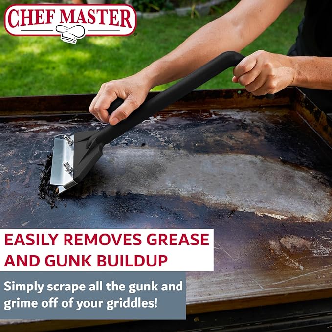 Chef Master Griddle Scraper Cleaning Kit Combo - Flat Top Grill Cleaner w/Replacement Blade & Scrubber - Griddle Cleaning Kit - Long Handle, Stainless Steel Flat Grill Scraper - 90254