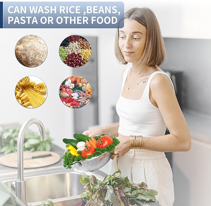 Gulex Stainless Steel Colander and Strainer Set(5-Quart and 3-Quart)，Metal Strainers with Base, Strainer for Kitchen Food, Dishwasher Safe