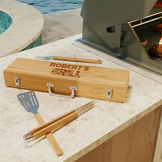 The Flame - Personalized BBQ Tool Set - 3 Utensils + Bamboo Box - BBQ Grilling Accessories - Grill Gifts for Him, Men, Dad, Husband - Smoker Accessories - Grill Utensils Set - Unique Men Birthday Gift