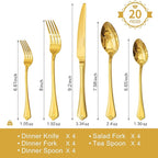 KINGSTONE Gold Silverware Set, 20-piece 18/10 Stainless Steel Flatware Set Cutlery Set for 4, for Kitchen, Home, Wedding, Party, Mirror Polished and Dishwasher Safe, Featured Gifts
