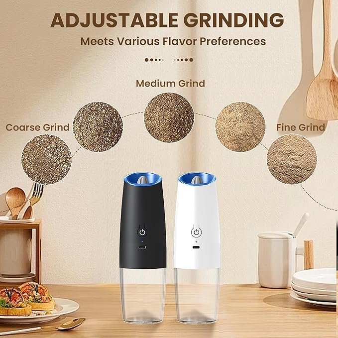 Rechargeable Electric Salt And Pepper Grinder Set, Automatic Gravity Electric Salt And Pepper Grinder Set, Adjustable Roughness, Led Light, 2 Pack, (Black+White)