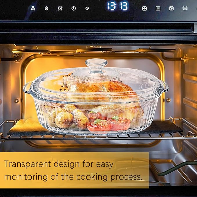 2 Pack Glass Casserole Baking Dishes with Lids for Oven,1.9 Qt and 3 Qt Ribbed Oval Glass Serving Dishes Bakeware Set for Lasagna,Casseroles,Leftovers,Cooking,Kitchen