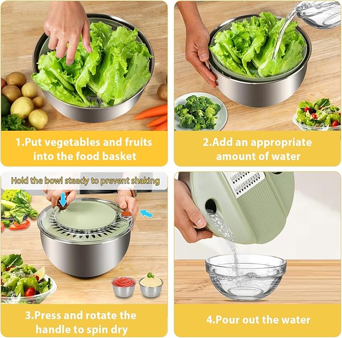 KITHELP Stainless Steel Salad Spinner Large, Vegetables Fruits Wash Bowl with Strainer, Lettuce Spinner Dryer for Efficient Salad Preparation 5.3Qt