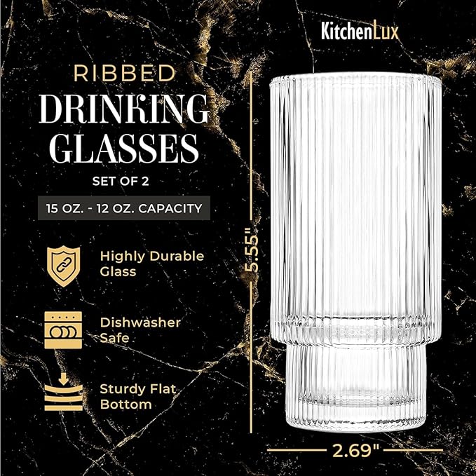 Kitchen Lux Ribbed Drinking Glasses - Ribbed Glass Cups 12 oz - Ribbed Glassware Set of 12 - Textured Vintage Retro Ripple Aesthetic Glass Ware for Whiskey Cocktail Beer Water, Coffee Bar Accessories