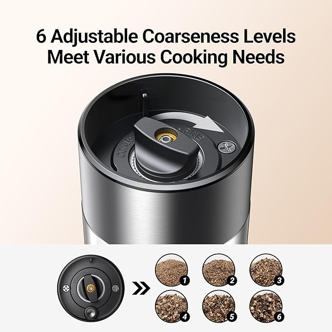 ThermoMaven Electric Salt and Pepper Grinder Set, 110ml Larger Rechargeable Automatic Salt and Pepper Mill Grinder with 6 Adjustable Coarseness, Electric Salt and Pepper Shakers, LED, White Sand