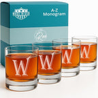 On The Rox (W-Monogram)- 4 Piece Set of 11 Ounce Engraved Heavy Base Rocks Glasses- Quality Elegant Glass-Multi-Purpose Beverage-Rocks Glass- For any Occasion