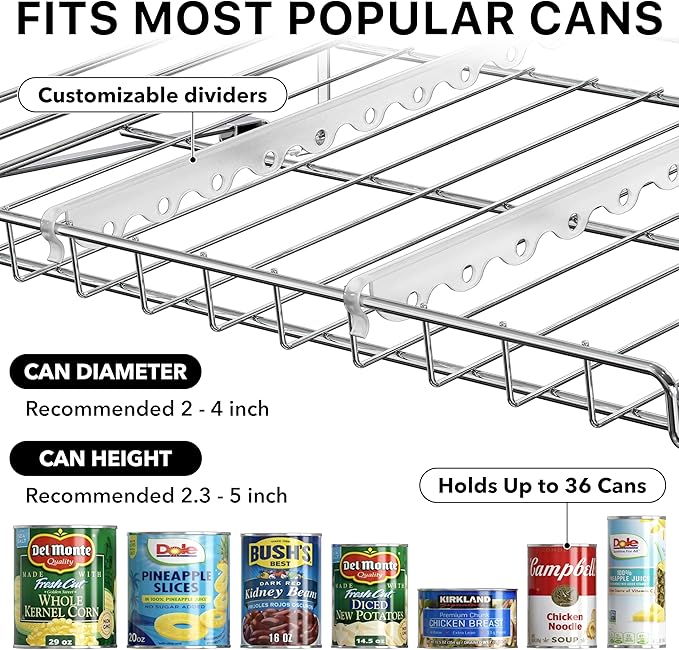 Simple Houseware Stackable Can Organizer Rack for Pantry/Cabinet – 11.5" D x 17" W x 13.75" H, Holds 36 Cans, 3-Tier Can Food Storage Dispenser, Chrome