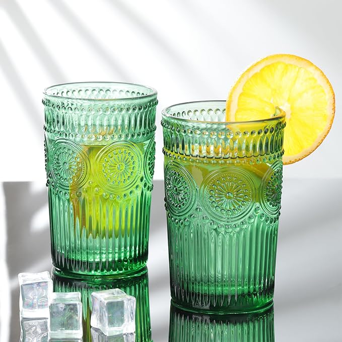 Joeyan Green Vintage Drinking Glasses,Embossed Ribbed Water Glass Cups,Colored Sunflower Patterned Highball,Beaded Tumblers Glassware Set for Beverages Juice,12 oz,Set of 4,Dishwasher Safe