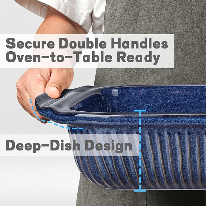 Artena Casserole Dishes For Oven, Ceramic Baking Dish, Large Lasagna Pan With Handles, Baking Pan Casserole Dish, Rectangular Bakeware Deep, Set Of 3 (5.1Qt/2.3Qt/1.1Qt) (Blue - Only Baking Dish)
