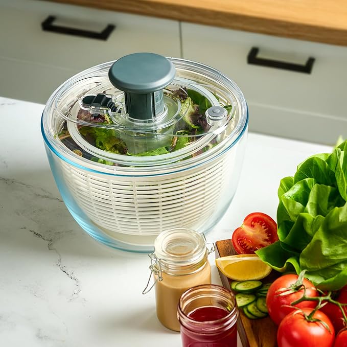 Le'raze Glass Salad Spinner with Airtight Lid - BPA-Free - Easy Pump Lettuce Spinner Washer | Fruit Washing Bowl with Strainer | Vegetable Cleaner | Large Capacity Borosilicate Glass, 6.22 Quart