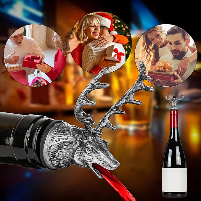 Deer Head Liquor Pourers Spout, Deer Wine Bottle Pourer and Stopper for Wine Spirits, Stag Gifts Birthday Gifts Hunting Gifts for Hunters Men Women, Silver