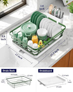 Kitsure Dish Drying Rack for Kitchen Counter, Stainless Steel Sink Organization and Storage Essentials with Cutlery Holder, Home and Appartment Decor, 12''W x 15.5''L, Green