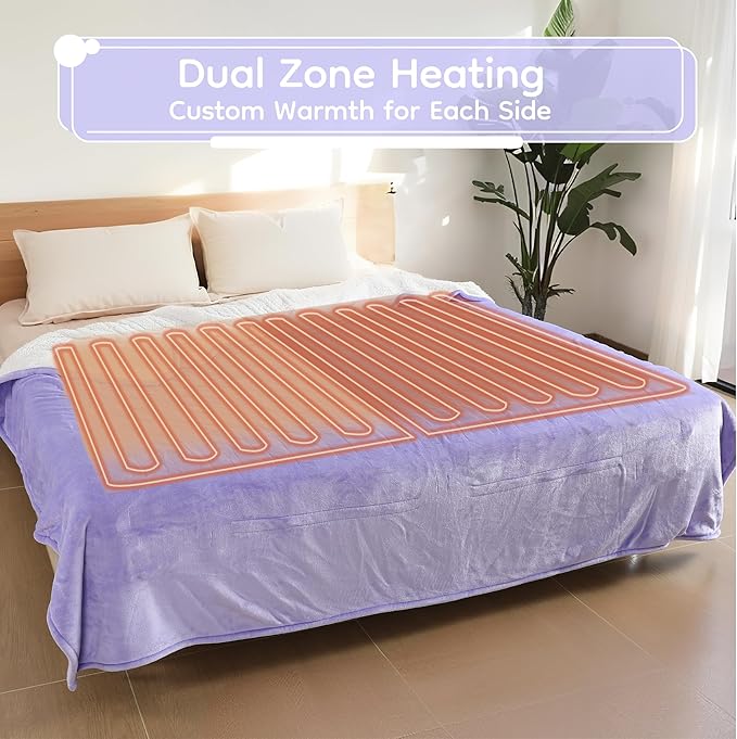 Electric Heated Blanket Queen Size - 84"x90", Soft Flannel Heating Blanket, 10 Heating Levels, 1-12 H Auto Shut Off, Dual Controllers, Breathable Warm and Washable for Bed, Light Purple