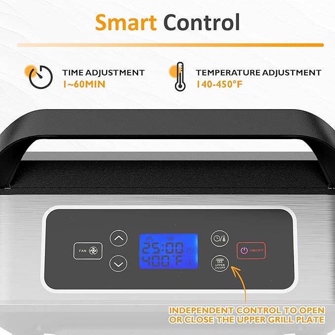 Sunvivi Indoor Grill, 1300W Smokeless Grill Indoor with Auto-Lift, Electric Griddle Nonstick with Removable Plates, Independent Upper Heating, Smart Time & Temperature Control, Easy to Clean and Store