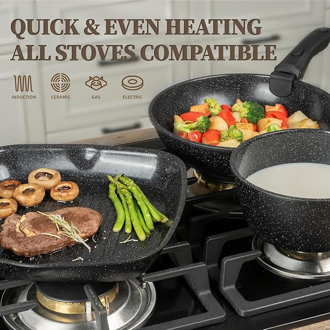 23Pcs Ceramic Cookware Set Non Stick Pots and Pans Set Non Toxic with Detachable Handle Induction Kitchen Cookware Set Space Saving, Oven & Dishwasher Safe, Black