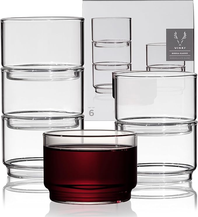 Viski Bodega Glasses - Stackable Drinking Glasses Set - Modern Glassware for Wine and Cocktails - 7oz Set of 6