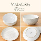 MALACASA 16 Pieces Dinnerware Sets, Modern Relief Design Plates and Bowls Sets, White Dish Set for 4, Kitchen Ceramic Dinner Plates Dishware Set, Microwave and Dishwasher Safe, Series LYDIA