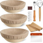 Banneton Bread Proofing Basket Set of 3, Kikcoin 8" & 9" & 10" Round Sourdough Bread Baking Supplies, Banneton Basket with Parchment Paper Sheets, Dough Whisk, Stainless Steel Scraper, Bread Lame