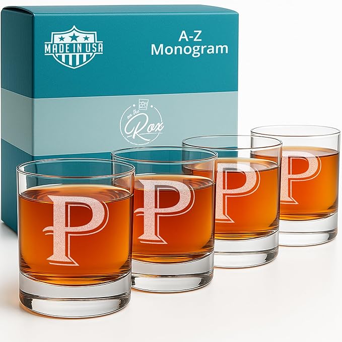 On The Rox (P-Monogram)- 4 Piece Set of 11 Ounce Engraved Heavy Base Rocks Glasses Elegant Glass-Multi-Purpose Beverage-Rocks Glass- Gift for any Occasion Drinks