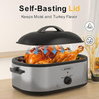 Sunvivi 24lb 20-Quart Roaster Oven, Electric Roaster Oven with Self-Basting Lid, Turkey Roaster with Unique Defrost/Warm Function, Large Roaster with Removable Pan & Rack, Stainless Steel, Silver