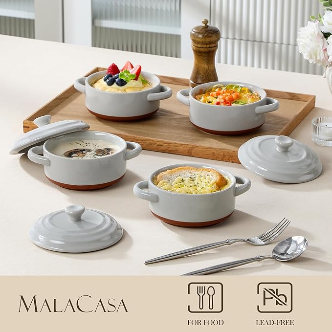 MALACASA Mini Cocotte Set - 12 OZ Ramekins with Lids and Handles, Small Casserole Dishes for Oven, Ceramic Small Baking Dish Set of 4, Microwave & Dishwasher Safe, Khaki Grey, Series TARA