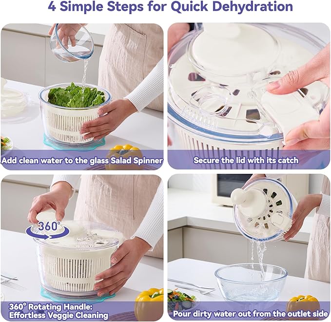 Good Girps 3.2 Qt Glass Salad Spinner Small Vegetable Dryer with Drain Microwave Safe Dishwasher Safe with Transparent Lid Crank Handle Quick Spin Greens Washer for Lettuce Herbs Fruits White