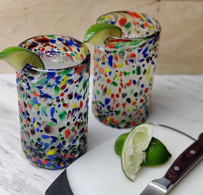 Hand Blown Mexican Drinking Glasses - Set of 6 Confetti Rock Design Glasses (14 oz each)