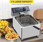 GarveeHome Commercial 11 L/3.3 gal Deep Fryer 1700W,201 Stainless Steel Electric Fryer with Adjustable Thermostat, Extra-Thick 6 LB Basket & Splash Guard Lid for Restaurant, Food Truck, Home Kitchen