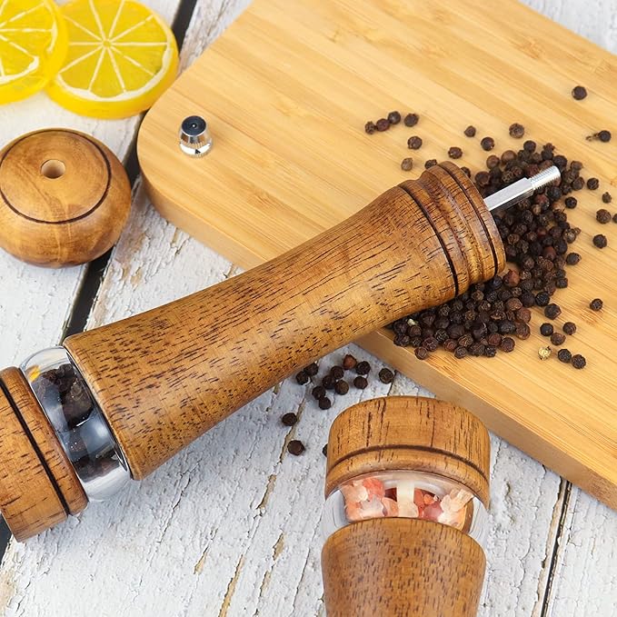 Haomacro Pepper Grinder, Wood Salt and Pepper Mills Set, Classic Manual Spice Grinder Refillable Salt Mill Sets with Acrylic Visible Window Adjustable Ceramic Grinding Rotor 8 inch 2 Pack