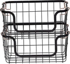 Amazon Basics Stackable Metal Wire Rectangular Storage Baskets for Kitchen, Bathroom or Pantry Organizing, 2 Count, Black