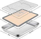 P&P CHEF 10.4 x 8 x 1 Inch Toaster Oven Pan with Grid Rack and Silicone Mat, Stainless Steel Toaster Oven Tray Baking Pan with Cooling Roasting Rack, Dishwasher Safe (3Pcs)