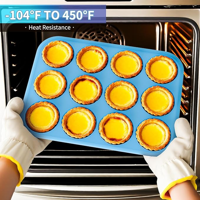 Bangp 2Pack Silicone Muffin Pans for Baking with Metal Reinforced Frame,12 Cup Regular Size Cupcake Pan,Premium Non-Stick Bend Resistance Silicone Muffin Tray for Pudding,Cakes,Tart,Egg Bites(Blue)