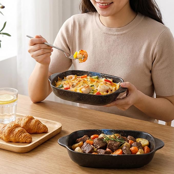 2-Pack Ceramic Au Gratin Baking Dishes with Handles, 8.7" Rectangular Small Casserole Dishes for Oven, Black Blue Glaze Mini Baking Dish Set, 16 oz Individual Serving Bakeware