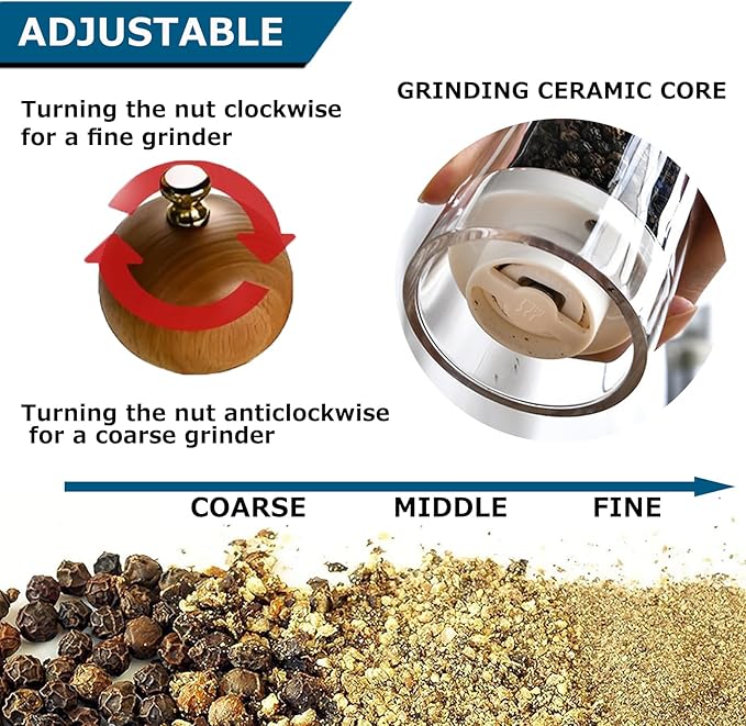 Pepper Grinder Set Salt and Pepper Grinder Acrylic Manual Pepper Mill Set with Adjustable Coarseness Salt and Pepper Shakers, Enjoy Fresh Ground Pepper Spices Salt Grinder (6.7in-wood-acrylic)