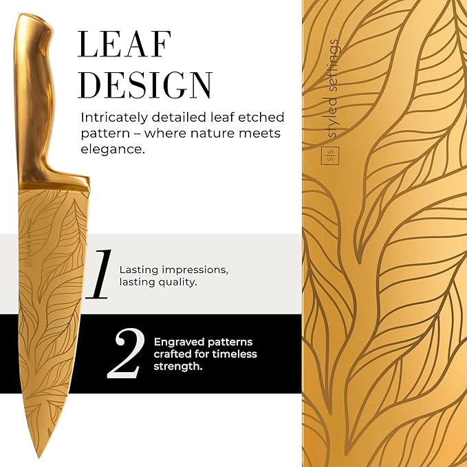 Gold Knife Set For Kitchen -14-Piece Titanium-Coated Blades with Etched Leaves Pattern, Ultra-Sharp Stainless Steel, Durable & Stylish Kitchen Knife Block Set