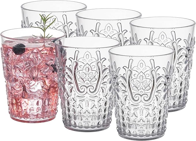KLIFA- BLOIS- 15.2 ounce, Set of 6, Acrylic Tumbler Drinking Glasses, BPA-Free, Stackable Plastic Drinkware, Dishwasher Safe, Vintage Looking Cups, Clear