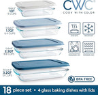 COOK WITH COLOR 8-Piece Deep Glass Baking Dish Set with Plastic Lids – Casserole and Food Storage Containers for Lasagna, Leftovers – Freezer-to-Oven, Microwave & Dishwasher Safe, Blue