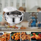 Kerilyn Deep Fryer Pot, 9.4 Inch/3.4 L Janpanese Style Tempura Frying Pot with Lid, 304 Stainless Steel with Temperature Control and Oil Drip Drainer Rack, for Kitchen French Fries, Chicken etc