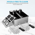 Pukomc Electric Double Deep Fryer with 2 Baskets & Lids, 3L Stainless Steel Removable Double Fryer,Temperature Control,Overheat Protection,3000W