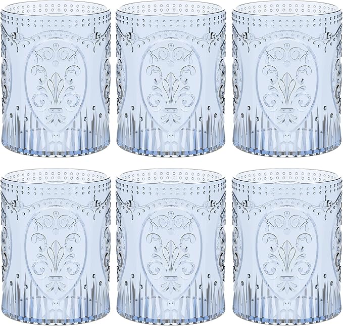 Qinyoung 6 Plastic Vintage Drinking Glasses 8.5oz Stemless Retro Embossed Wine Glasses Shatterproof Reusable Cups for Baby Shower Wedding Reception Grand Event Party (Blue)