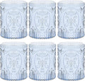Qinyoung 6 Plastic Vintage Drinking Glasses 8.5oz Stemless Retro Embossed Wine Glasses Shatterproof Reusable Cups for Baby Shower Wedding Reception Grand Event Party (Blue)