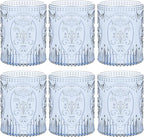 Qinyoung 6 Plastic Vintage Drinking Glasses 8.5oz Stemless Retro Embossed Wine Glasses Shatterproof Reusable Cups for Baby Shower Wedding Reception Grand Event Party (Blue)