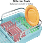 SNTD Dish Drying Rack, Expandable Dish Rack for Kitchen Counter, Stainless Steel Dish Drainer with Drainboard Set and Utensil Holder (Blue)