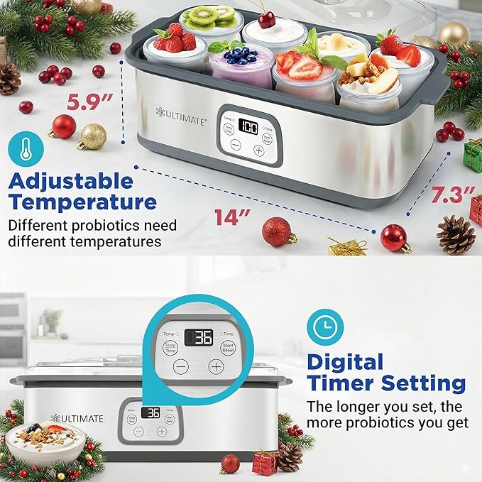 Ultimate Probiotic Yogurt Maker w/Adjustable Temperature & Time Control - Make Trillions of Live Probiotics - Best 2025 Men & Womens Christmas Gifts for Family & Friends - ULTIMATE LIFETIME WARRANTY