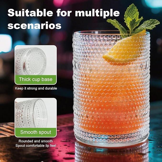 Hobnail Drinking Glasses Set of 8，Includes 12-ounce beer glasses and 10-ounce cocktail glasses.Kitchen Water Glass Cup,Bar Tumbler Glassware Set for Whiskey, Beer, Cocktail, Juice, Milk