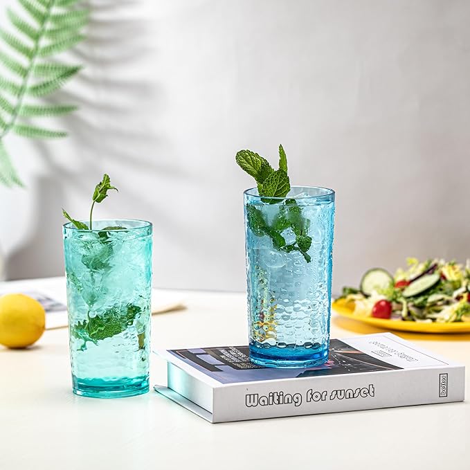 KX-WARE 14-ounce and 20-ounce Acrylic Glasses Plastic Tumbler, set of 8 Multicolor - Hammered Style, Dishwasher Safe, BPA Free