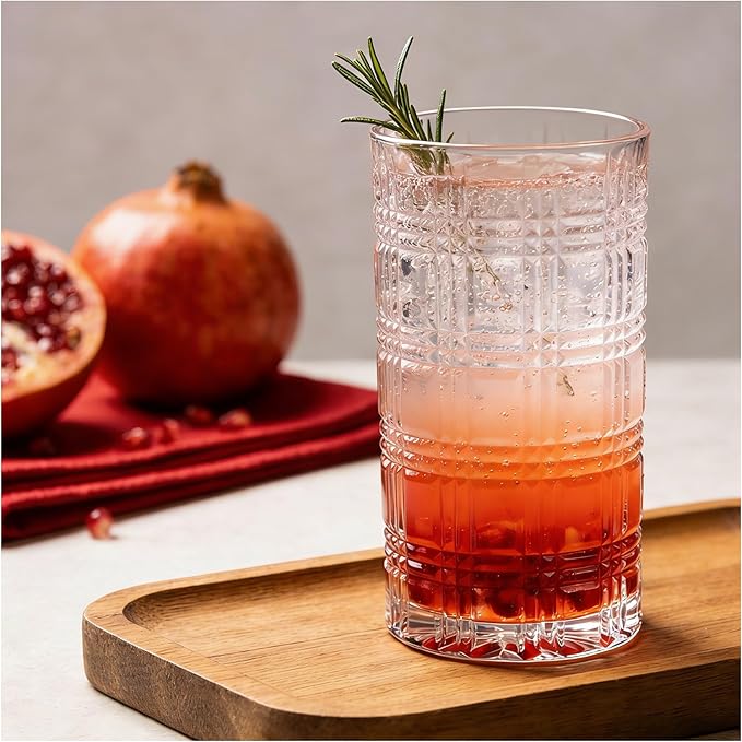Crystal Highball Glasses Set Of 6-14 Ounce Clear Tom Collins Glasses - Textured Designer Glassware For Whiskey,Drinks, Water, Beer, Soda