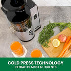 Omega Juicer Cold Press Vertical 43 RPM Slow Masticating Compact Juice Extractor for Fruits and Vegetables Quiet Operation with 3 Stage Auger Automatic Pulp Ejection and No-Drip Tap, 150-Watts, Silver