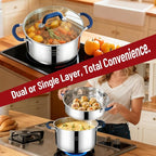 ARC 6QT Stainless Steel Stock Pot w/Steamer Basket, Multi-steamer Pot With Tempered Glass Lid for Cooking, Multipurpose Cookware with Silicone Handle for Veggies, Soup, Seafood, Induction-Ready