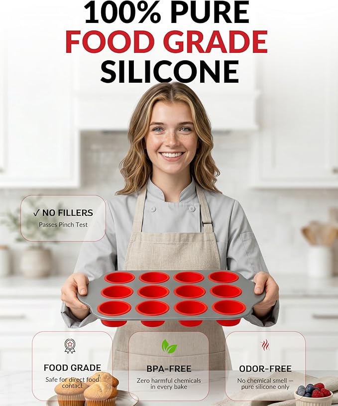 Boxiki Kitchen Non-Stick 12 Cup Silicone Muffin Pan with Steel Frame - BPA Free, Non-Toxic, Anti-Warp, Durable & Easy to Pop Silicone Muffin Tin - Perfect Cupcake Pan